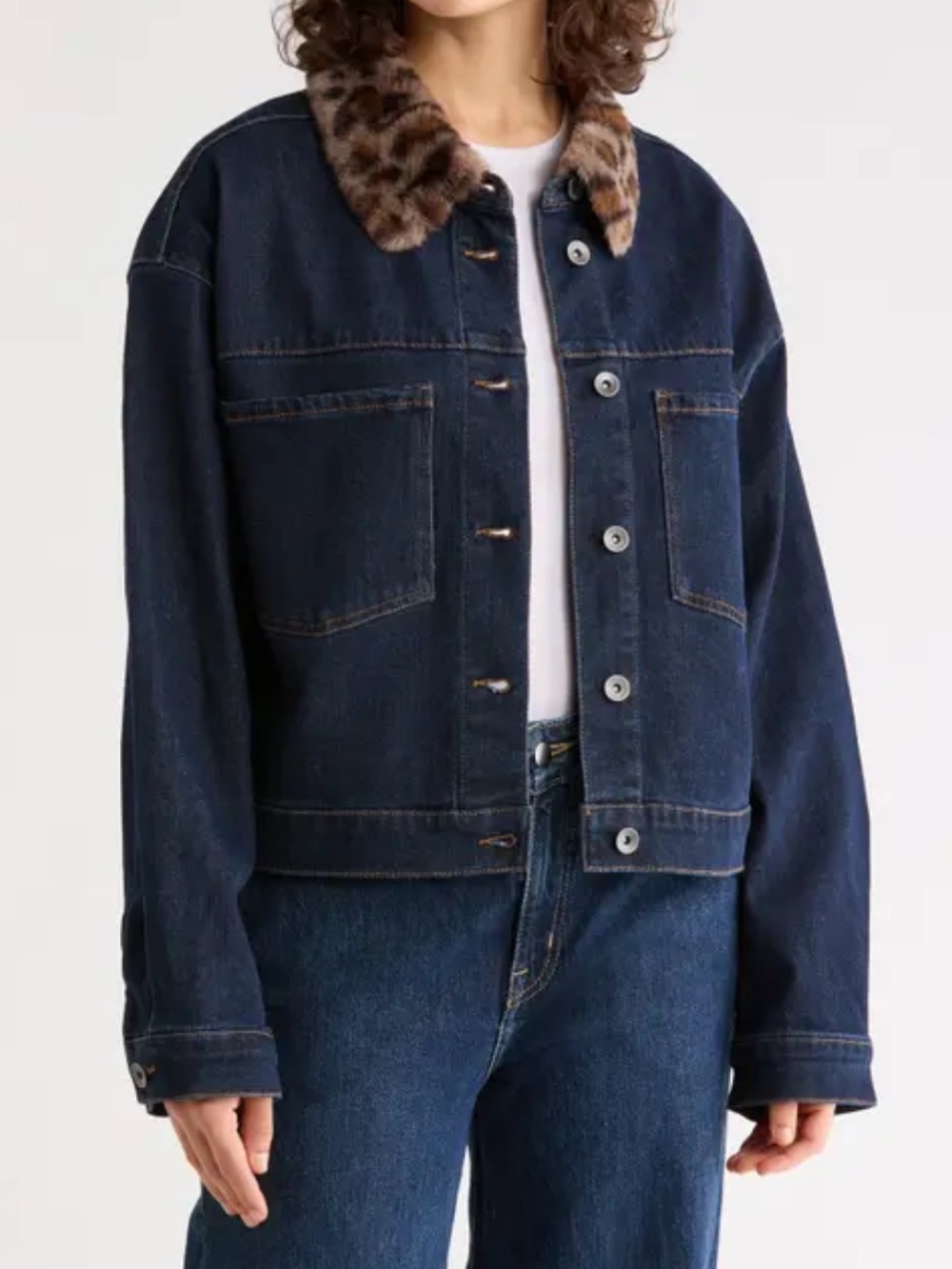Sanctuary Black Denim Jacket with Leopard Faux Fur Collar